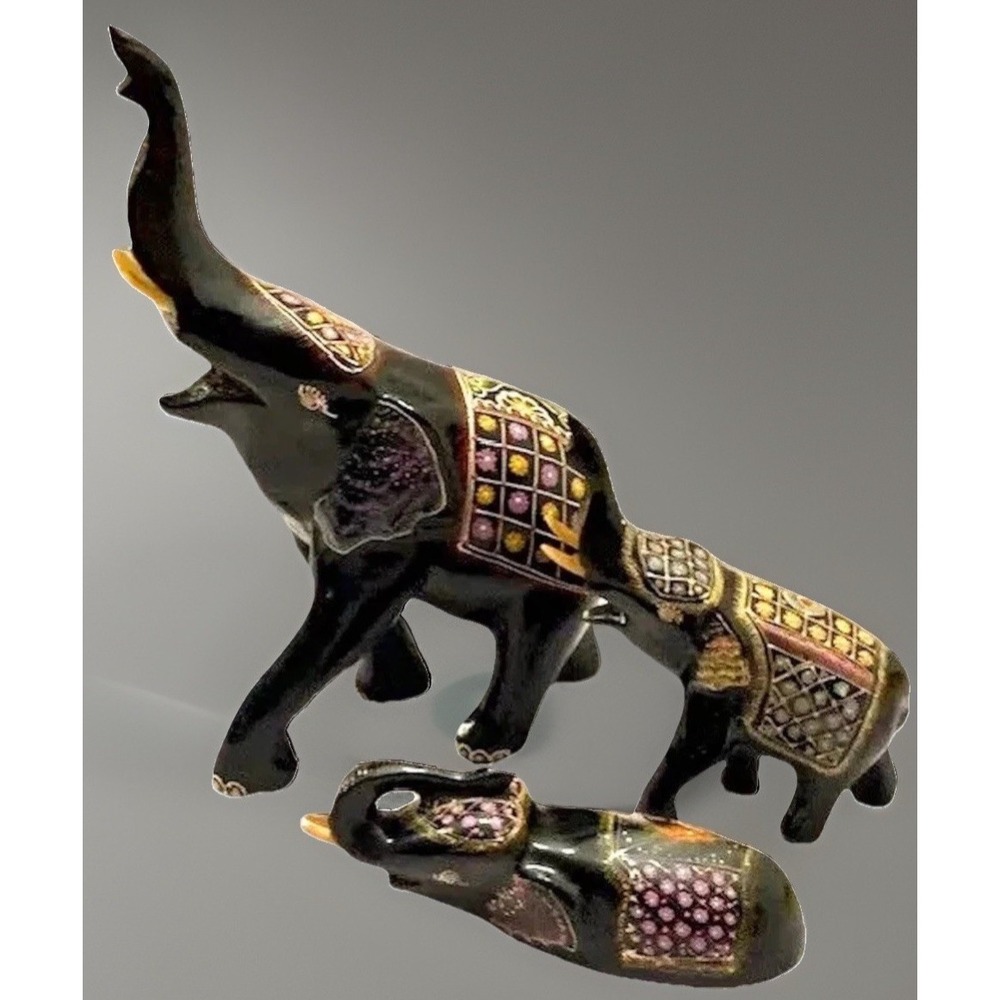 Elephant VTG Wood Figurine Set Hand Painted Home Decor Black Safari Boho 3PC MCM